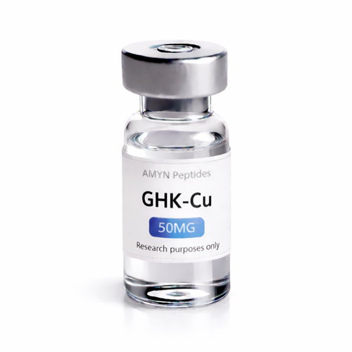 AMYN Peptides GHK-Cu 50MG peptide vial product photo with white label and silver cap on white background