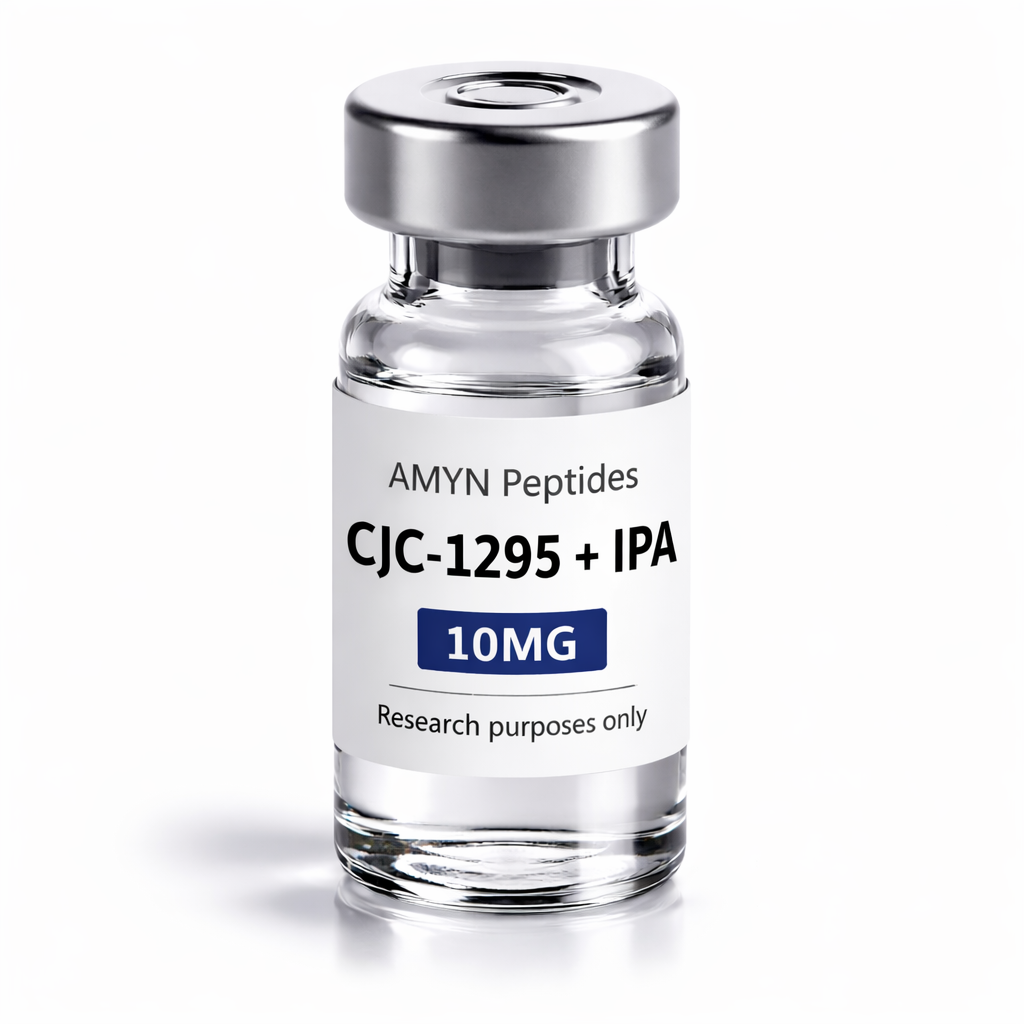 AMYN Peptides CJC-1295 + IPA 10MG peptide vial product photo with white label and silver cap on white background