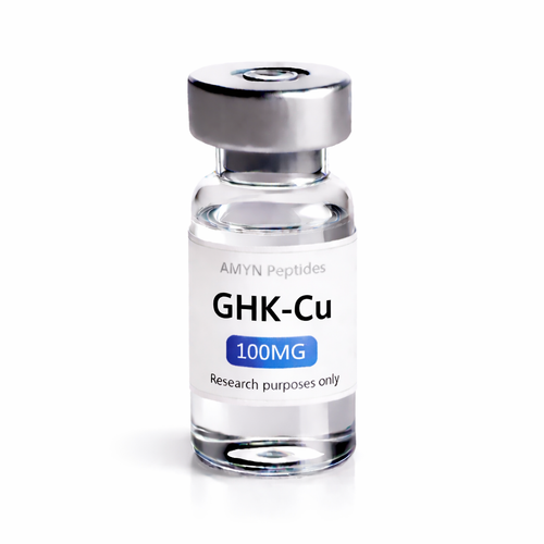AMYN Peptides GHK-Cu 100MG peptide vial product photo with white label and silver cap on white background