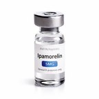 AMYN Peptides Ipamorelin 5MG peptide vial product photo with white label and silver cap on white background