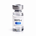MOTS-c 10MG research peptide vial by AMYN Peptides with white label, blue dosage badge and silver cap on white background