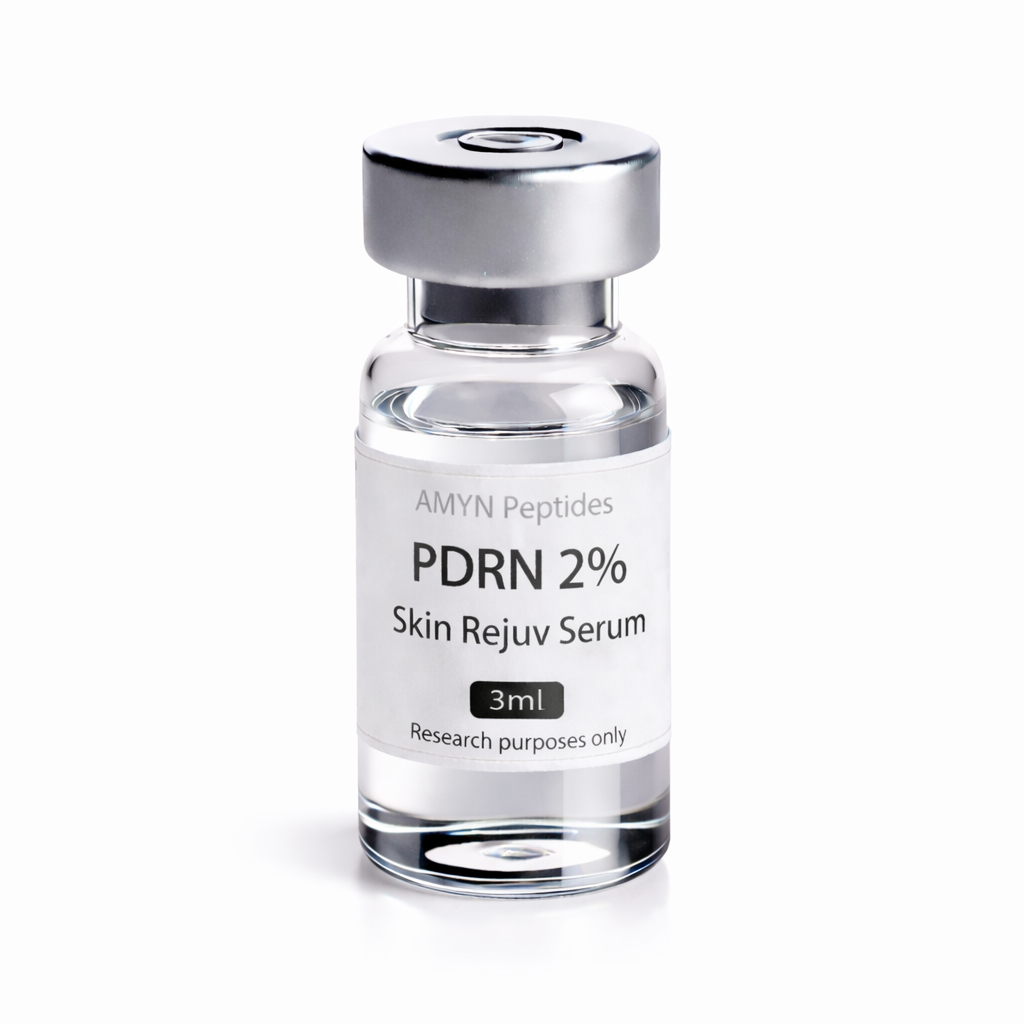AMYN Peptides PDRN 2% Skin Rejuv Serum 3ml glass vial product photo with white label and silver cap on white background