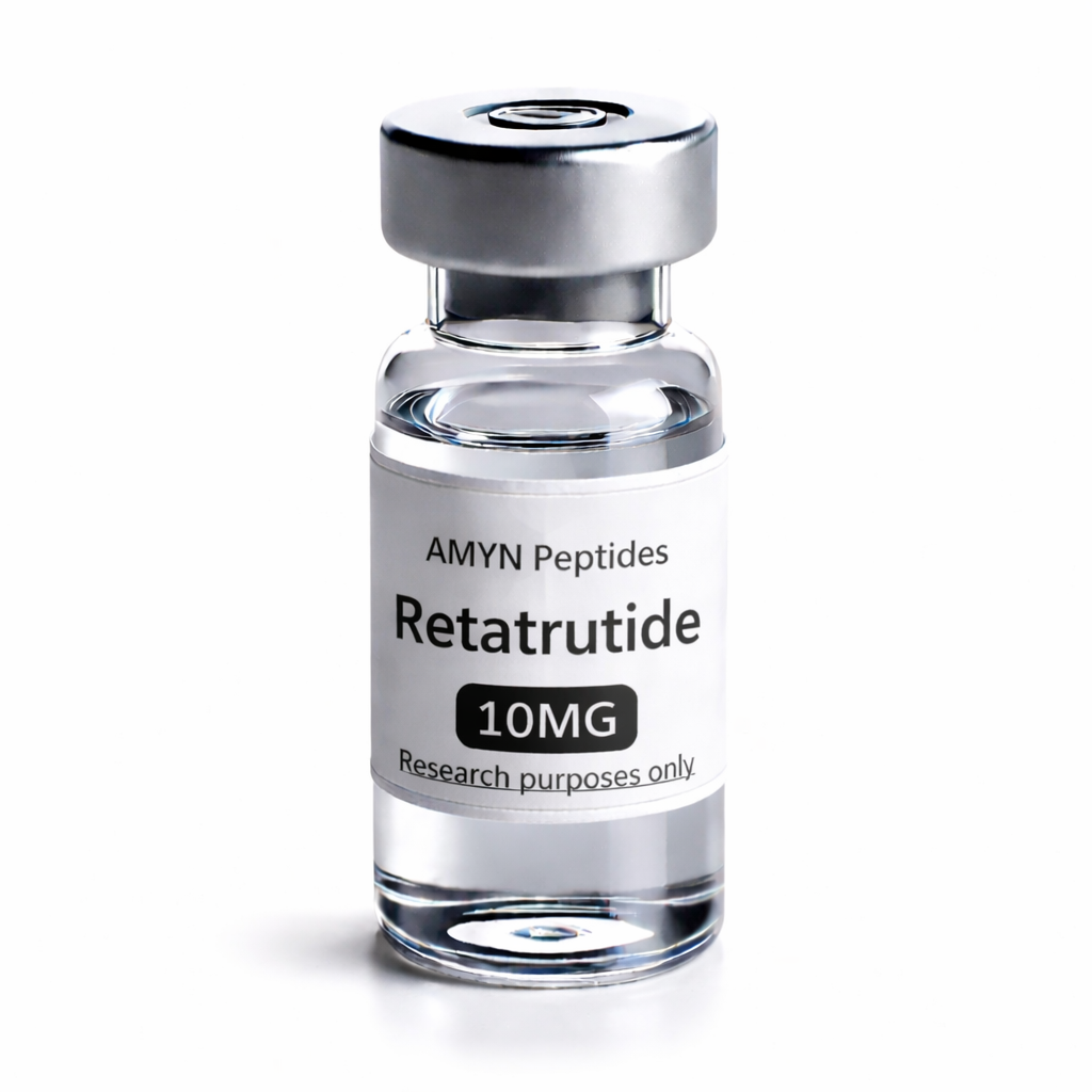 Retatrutide research peptide vial by AMYN Peptides for laboratory research